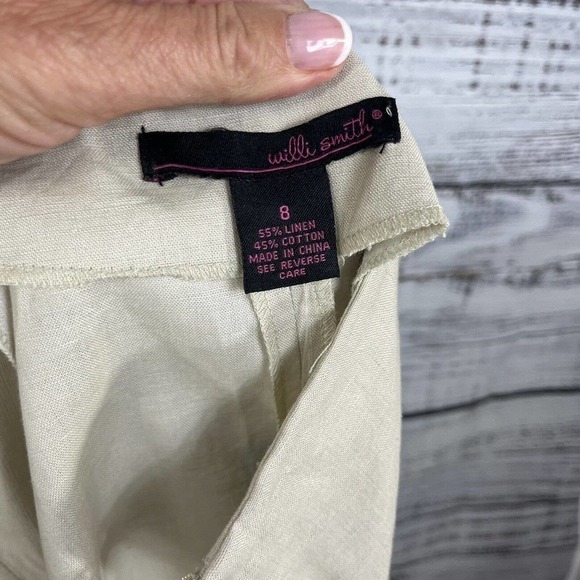 Willi Smith Skirt 8 Tan Stone Linen Knee A Line Ribbon Flowers Buttons Wedding - Picture 10 of 10